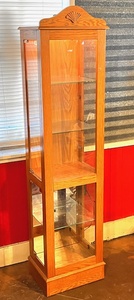 lot 42 image: Lighted Wood Stand Up Curio Cabinet WGlass Shelves