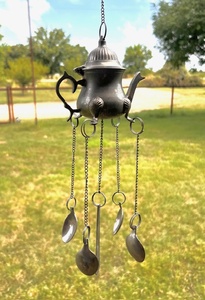 lot 21 image: Vintage Tea Kettle &amp Spoons Wind Chimes