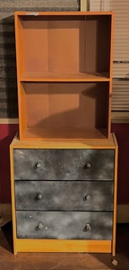 lot 57 image: Three (3) Drawer Distressed Look DresserChest of Drawers W Small Hutch