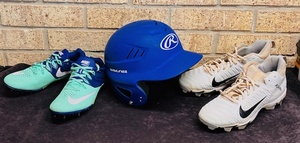 lot 31 image: Nike Womens Zoom Rival SprintTrack &amp Field Spikes Sz. 9, Nike FastFlex Alpha Football Cleats Sz. 9.5, &amp Rawlings RCFH Official Batting Helmet Fits 6-12 to 7-12