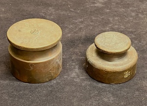 lot 36 image: Antique Vintage Lot of Two (2) DHL Brass Scale Calibration Weights 5 &amp 3 Lbs.&nbsp