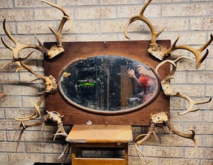 lot 32 image: Antique Ranch Bunkhouse Mirror Adorned With Deer Antlers