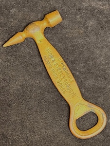 lot 49 image: VINTAGE ETCHED BRASS BOTTLE OPENERChipping Coal HAMMERICE BREAKER PICK Advertising for Alamo Iron Works