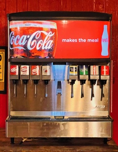 lot 4 image: Complete Eight (8) Drink Coca-Cola Soda Fountain W Rack for Soda Boxes, Pumps, Motor, Hoses, &amp Tanks (Please See All Pictures)
