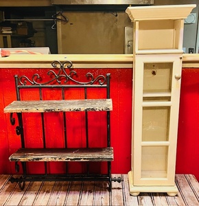 lot 87 image: Distressed Look Wall-Hanging Wood and Metal Shelves &amp Small Display Cabinet