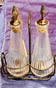 lot 99 image: Vintage Mikasa Diamond Fire Oil &amp Vinegar Crystal Silver Plate Stopper Cruet Set W Caddy
