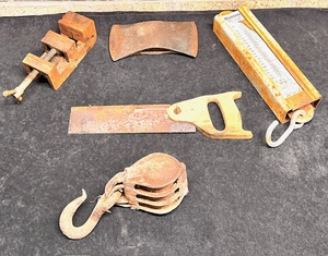 lot 116 image: Five AntiqueVintage Tools - Including Cotton Scale, Axe Head, Clamp, Pulley, &amp Saw