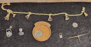 lot 158 image: Four Brass Collectibles - Including Five (5) Bells From India, Pocket Change Tray, Lock, and Miniature Double Tree Yolk - &amp Vintage Bottle Opener, Coat Hanger Hook, &amp Limited Edition 1993 WEP Collection CoinCap