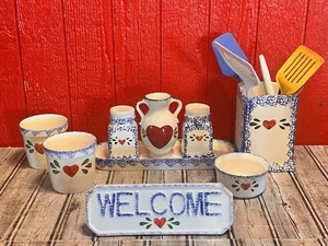 lot 155 image: Nine (9) Piece Heart Design Spongeware Stoneware