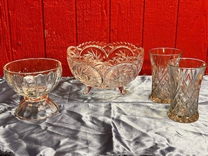 lot 183 image: Vintage Avitra Scalloped Edge Starburst Tri-Footed Hand-Cut Chrystal Bowl, Libby 4.5 Tall Clear Glass Footed CandyDessert Dish, &amp Two (2) Anchor Hocking 8oz. Press cut Flat Tumblers W Pineapple Pattern