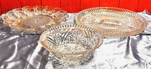 lot 185 image: Vintage Indiana Glass Diamond Point 3 Part 12 Relish Tray, Indiana Glass Clear Hobnail Bread and Egg Platter,&nbsp&amp Anchor Hocking Stars and Bars 10.5 Serving Bowl WScalloped Edges