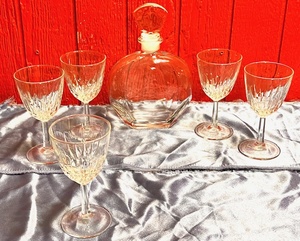 lot 189 image: Five (5) 6-34 Diamant Cristal DArques Durand Crystal Wine Glass Stemware &amp Vintage Luigi Bormioli Clear Glass Decanter WOriginal Glass Stopper-Made In Italy