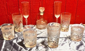 lot 190 image: Three (3) Antique Cristal DArques Durand Clear Glass Water Glass Tumblers 5 38, Three (3) Juice Glasses, Two (2) Champagne Flutes, &amp One (1) Decanter&nbsp