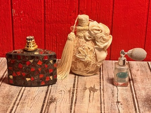 lot 208 image: Mosaic Tile Oil Burning Lamp, Rose &amp Lace Perfume Decanter, and Dusting Powder Aspirator