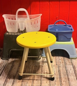 lot 218 image: Two (2) Step Stools, Two (2) Itility Totes, &amp One Foot Stool