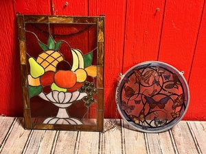 lot 221 image: Large Handmade Stained Glass Fruit Basket Themed Wall Hanging Sun Catcher &amp 1970s Glassmasters Butterfly 8 12 inch Circle&nbsp Glass Wall Hanging Suncatcher