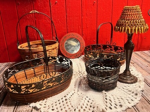 lot 222 image: Wood &amp Metal Ornate Baskets WBrass Lamp and Mirror