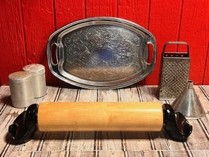 lot 223 image: Vintage Etched Irvinware 14 X 9 12 Serving Tray, Vic Firth Banton Premium Rolling Pin With Custom Handles, &amp Other Vintage Kitchen Utensils