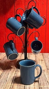 lot 225 image: 6 Vintage Corning Ware Blue Coffee Mugs - Mid Century Modern WCoffee Cup Rack