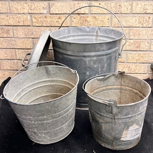 lot 237 image: Three (3) Corrugated Steel Buckets - With the 10 Gallon Behrens Having a Lid