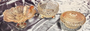 lot 232 image: Vintage Indiana Glass Diamond Point Footed Clear Scalloped Edge Bowl, Elegant Pressed Glass Candy Dish W Lid - Intricate Design 5.5 Wide 3.5 Tall , &amp Vintage Indiana Glass Clear Cabbage Leaf Pebble Candy Dish Sweet Relish Tray