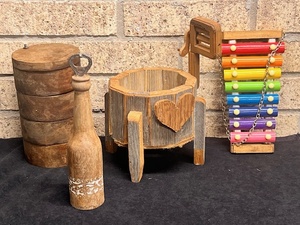 lot 246 image: Antique Vintage Wood Crafts - Bottle Opener, Multi-Compartment JewelryKnick-Nack Holder, Xylophone, and Washing Machine WWringer
