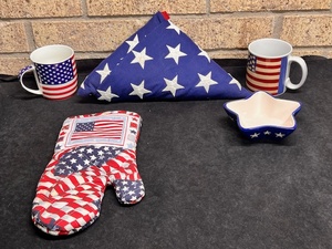lot 279 image: Patriotic Lot WFlag, Coffee Cups Hot Mitt, &amp Small Serving Bowl