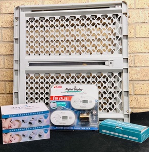 lot 283 image: Child Safety Devices - Including Door Gate, Kiddie Digital Display Carbon Monoxide Value Pack, Okefan Cabinet Locks Child Safety Latches, &amp Uraleycon Childproof Doorknob Covers