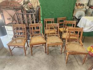 lot 92 image: Selection of 7 antique walnut straight chairs with caned bottoms - Circa 1840s - one needs cane bottom repaired