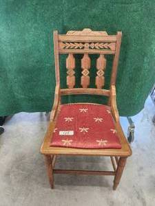 lot 125 image: Vintage handcrafted small chair with red upholstered seat