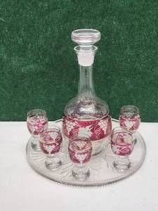 lot 7 image: Vintage Ruby red etched wine-liquor decanter and cordial glasses with tray