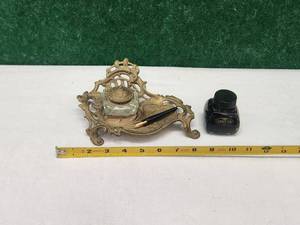 lot 17 image: Antique ornate brass inkwell set