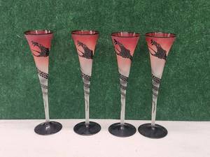 lot 20 image: Selection of 4 Cameo cut rose background, black snake twined abound both stem and bowl of glass - 13.5 tall - stamped Kristian - owner purchase in Czech Republic - $210 a pair