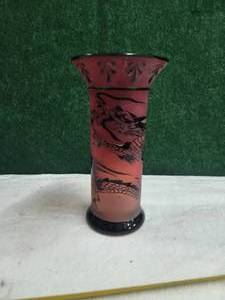 lot 76 image: Cameo cut rose background, black snake twined abound both stem and bowl of Vase - 13.5 tall - stamped Kristian - owner purchased in Prague for $250