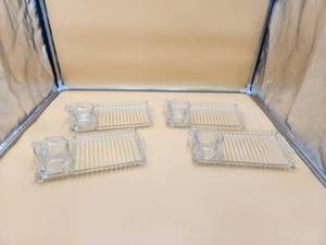 lot 56 image: Set of 4 vintage Hazel Atlas Ball & Rib Orchard Party Sip & Smoke Snack Set Platter Cup