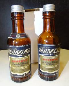 lot 99 image: Guckenheimer Whiskey Bottle Glass Salt and Pepper Shaker Set $$