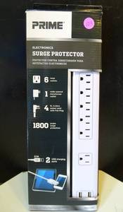 lot 103 image: PRIME WIRE AND CABLE SURGE PROTECTOR WITH DUAL USB PORT 1800 J (BRAND NEW IN BOX)