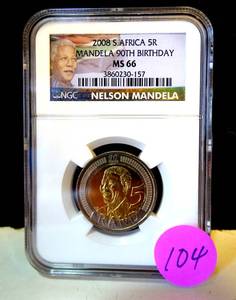 lot 104 image: 2008 South Africa 5 Rand Nelson Mandelas 90th Birthday Coin NGC MS66