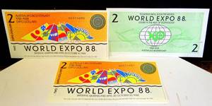 lot 117 image: RARE UNCIRCULATED 1988 AUSTRALIA WORLD EXPO $2 NOTE WITH SEQUENCIAL SERIAL NUMBERS