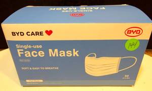 lot 144 image: BYD CARE SINGLE USE FACE MASK - BOX OF 50