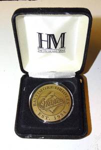 lot 153 image: BIG $ ITEM - LIMITED EDITION HIGHLAND MINT BALTIMORE ORIOLES PARK OPENING DAY COIN