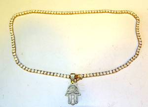 lot 250 image: BIG $ ITEM - BEAUTIFUL HAMSA BAGUETTE CZ  NECKLACE AND STUDDED CHAIN.