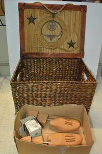 lot 28 image: Basket with Western motif wall hanging, shoe strechers, and silver plated coin bank
