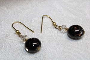 lot 147 image: Specialty glass bead French ear wire dangle earrings. Black glass with rose gold or copper. 1.5L