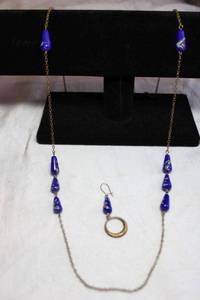 lot 149 image: Venetian or Czech vintage cobalt blue millefiori bead station continuous necklace. 32L Includes one matched earring)