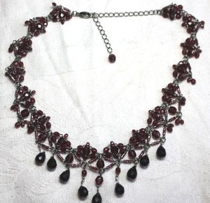 lot 126 image: Raspberry glass bead and dangle Victorian style drape choker necklace. 14L with 2 extender. Lobster clasp.