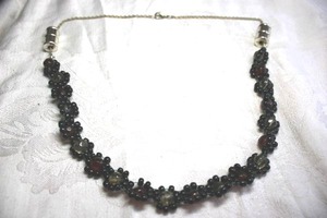 lot 192 image: Artisan crafted cluster glass bead necklace with metal barrel accents on metal chain necklace. Lobster clasp. 21L