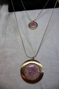 lot 194 image: Double strand layered gold finish necklace with crackle glass disc pendants. Lobster clasp. 32L with 2 extender.