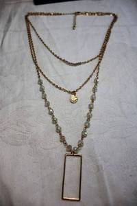 lot 249 image: Gold finish layered flat cable chain necklace with faceted glass opalescent beads and rectangular pendant. 14L with 2 extender. Total length 28L