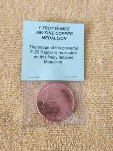 lot 102 image: 1 Troy ounce .999 fine copper medallion - F22 Raptor
